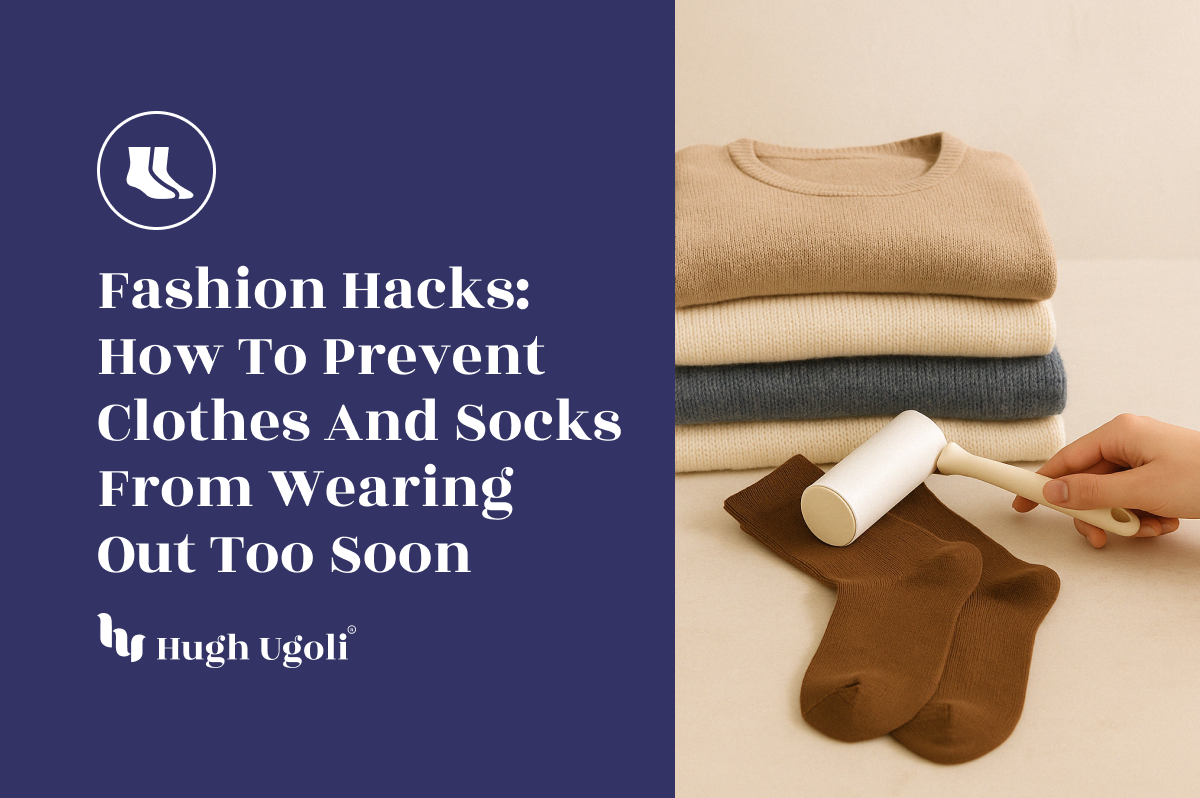 A cozy stack of knits with a lint roller gently caring for chocolate brown socks—illustrating simple yet effective fashion hacks to extend garment longevity.